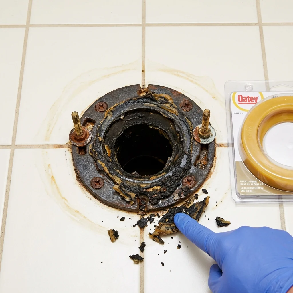 Failed wax ring showing water seepage at the base of a toilet in a Decatur, GA home
